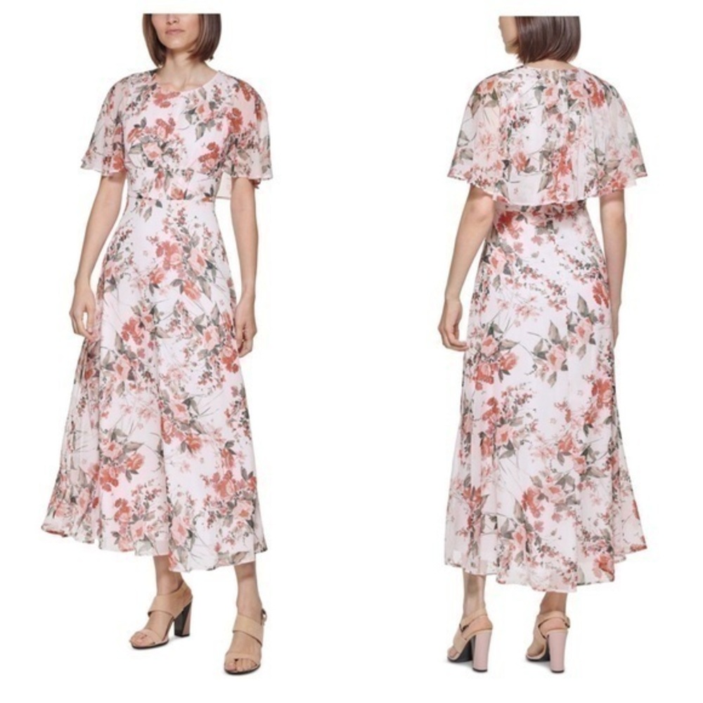 Calvin Klein pink floral print capelet maxi dress 8 SS2